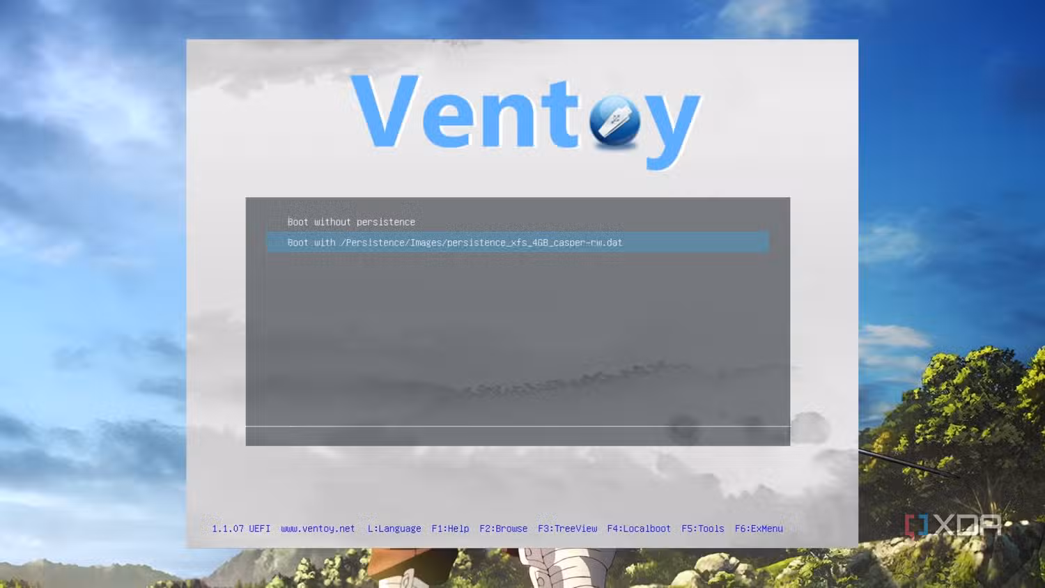 Ventoy persistence option for Ubuntu shown in a virtual machine